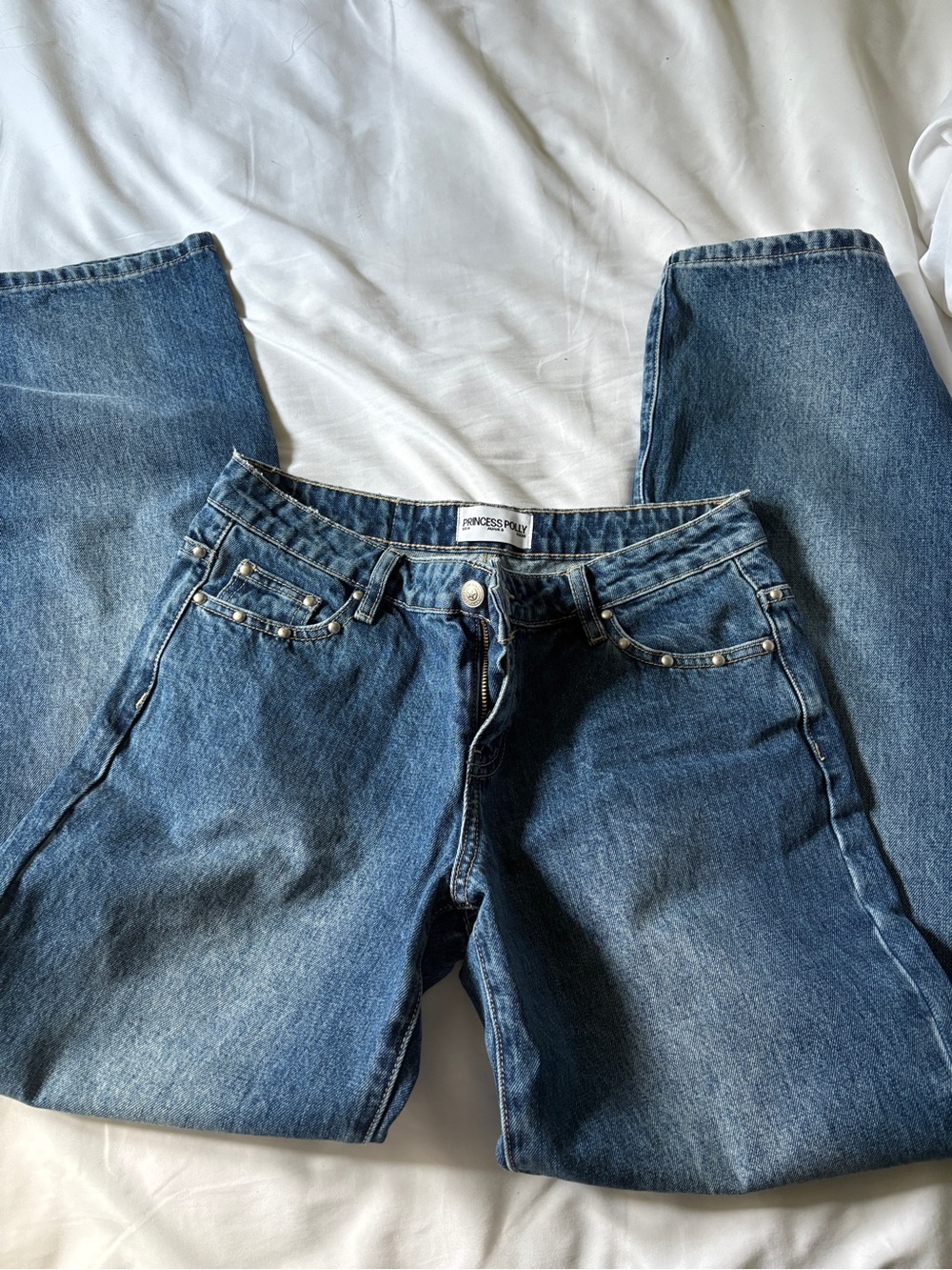 Princess Polly Blue Straight Leg Low Waisted Jeans with Stud Accents